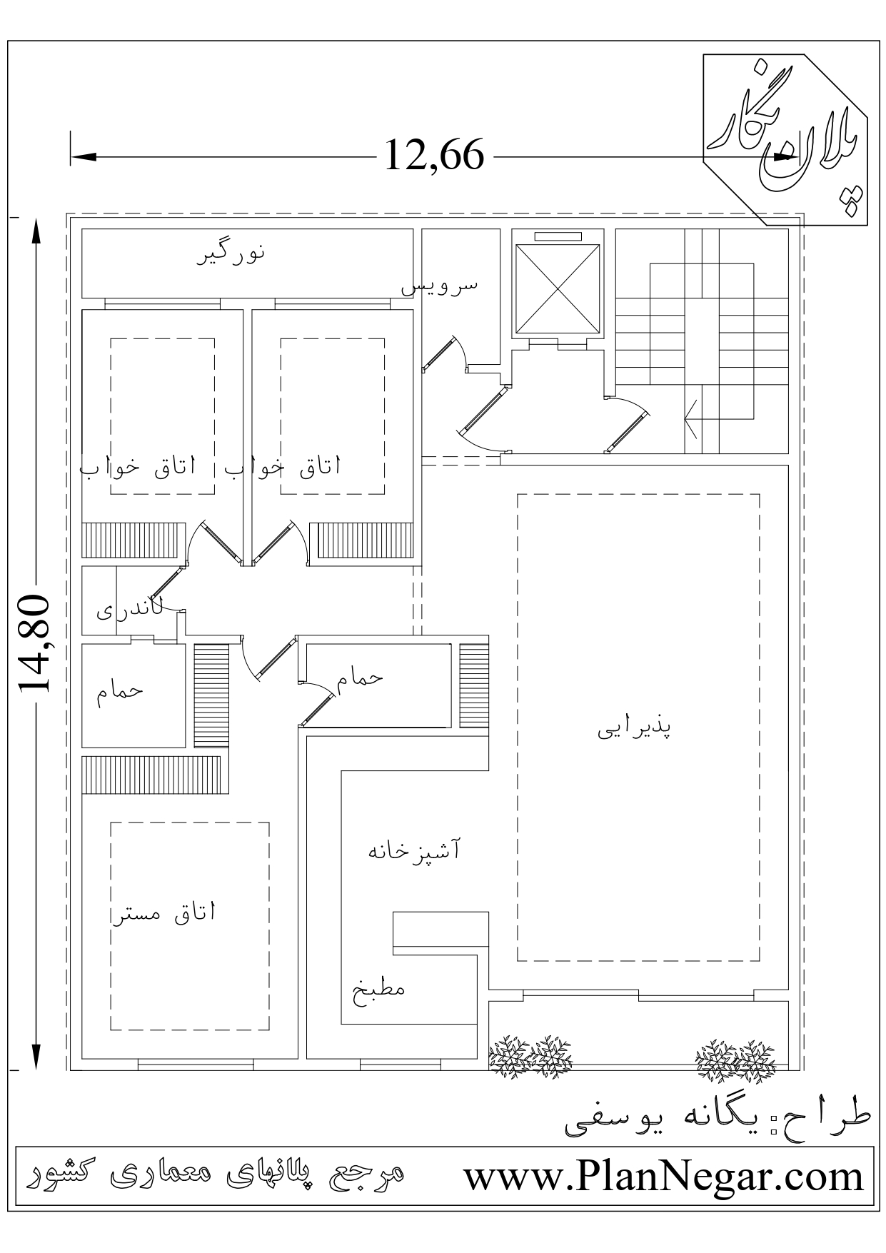 پلان آپارتمانی سه خوابه 15*13